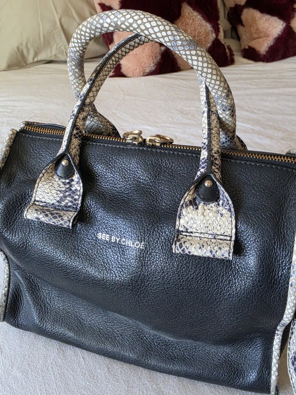 See By Chloe Black Leather Satchel with Snake-Print Handles